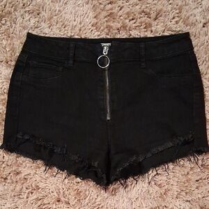refuge Black Distressed Denim Shorts with Ring Zip